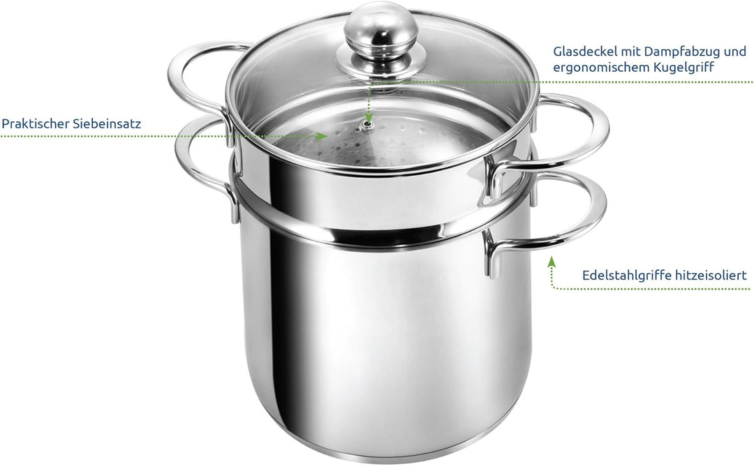 Kopf Induktion Kochtopf Makkaroni, Ø 20 cm, Edelstahl, mit Siebeinsatz für Gemüse
