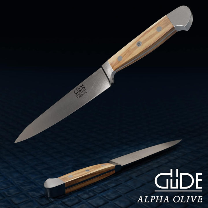 GÜDE Solingen - Filiermesser geschmiedet, 18 cm, Olivenholz, ALPHA OLIVE, Doppelkropf, Handmade Germ