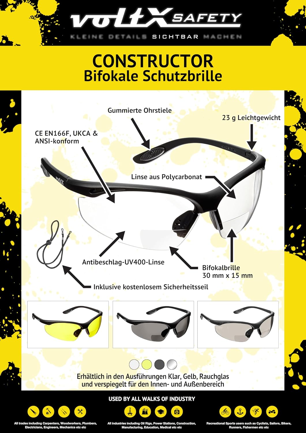 voltX 3 x Constructor' BIFOKALE Schutzbrille mit Lesehilfe (+1.5 Dioptrie klare, gelbe & rauchgraue