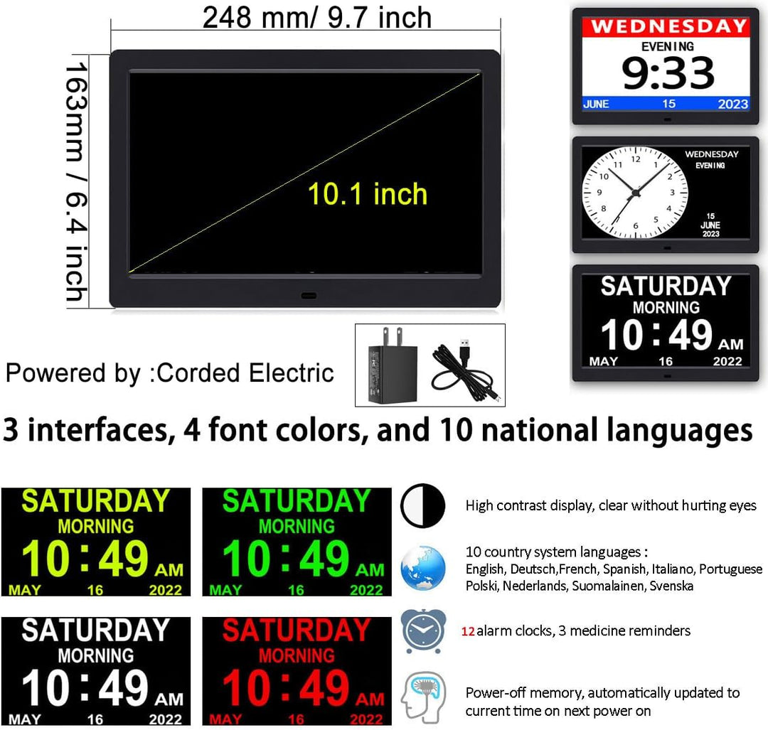 AINFTIME Uhr mit Tag und Datum für ältere Menschen, 3 Farben, digitaler Kalender, Wecker, Demenz, Al