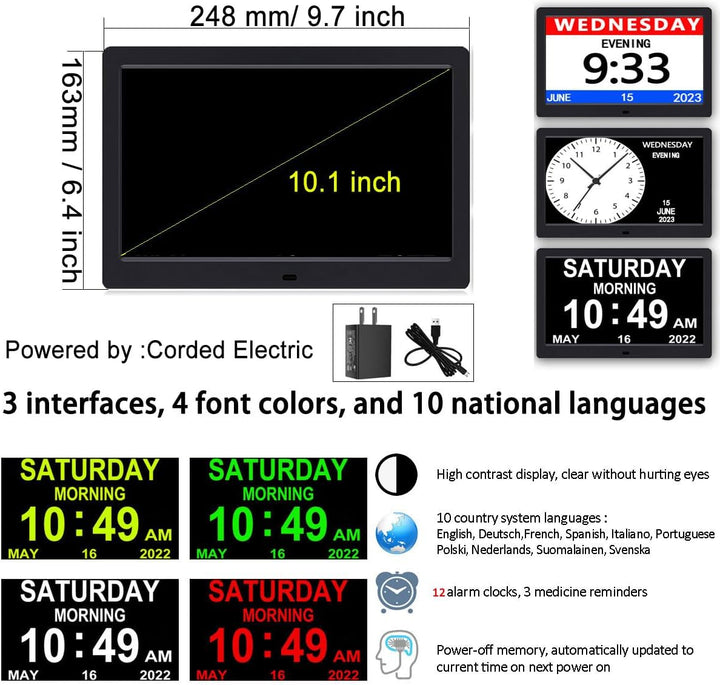 AINFTIME Uhr mit Tag und Datum für ältere Menschen, 3 Farben, digitaler Kalender, Wecker, Demenz, Al