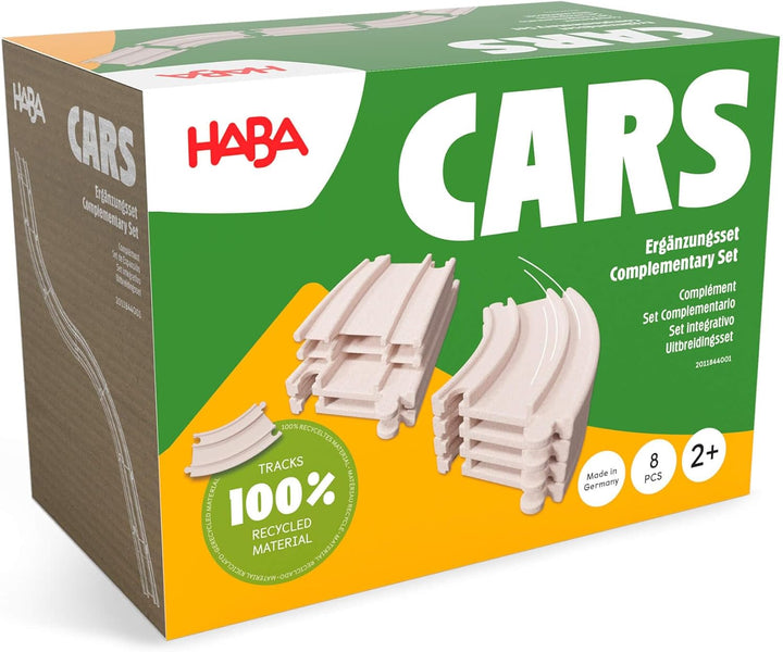HABA Cars Ergänzungsset – 8 Schienen aus recyceltem Holz und Kunststoff – Extragrosse, einfach zu ve