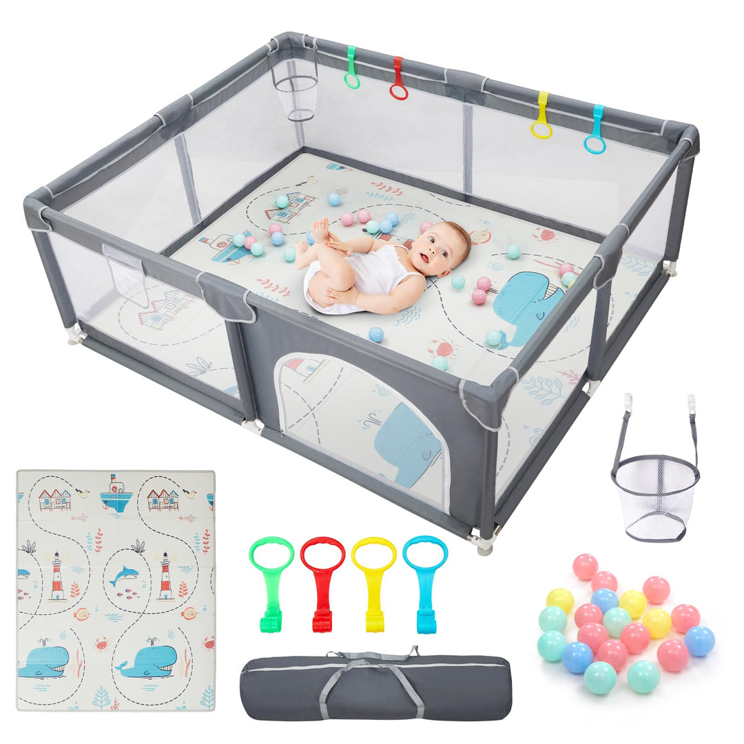 CHOLY Laufstall Baby mit Matratze 180x150 cm, Laufgitter für Babys und Kleinkinder mit sichtbarem at