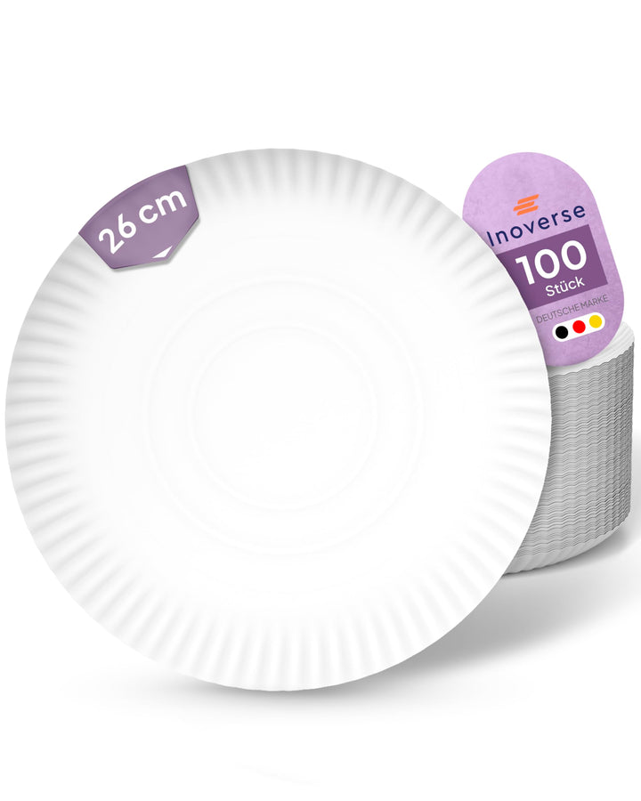 Inoverse 100 Stück Pappteller, Weiss Einweg Teller, Rund-26cm, Umweltfreundlich Partygeschirr, Einwe