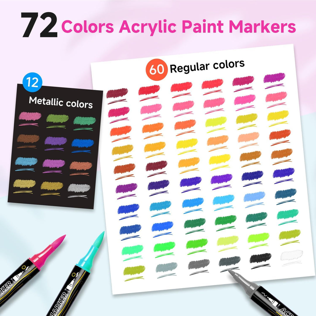 Acrylstifte Set 72 Farben, Dual Tip Acrylic Paint Marker mit Feiner Spitze und Pinsel, Acrylmarker W