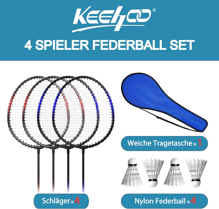 KH Federball Set Badminton Schläger Set 2-4 Spieler für Erwachsene Kinder, leicht und stabil, Schläg