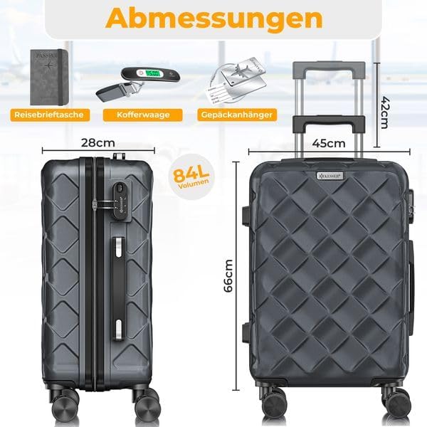 KESSER® Reisekoffer 84L Koffer ABS Hartschalenkoffer mit Zahlenschloss, Kofferwaage &amp; Reisebrieftasc