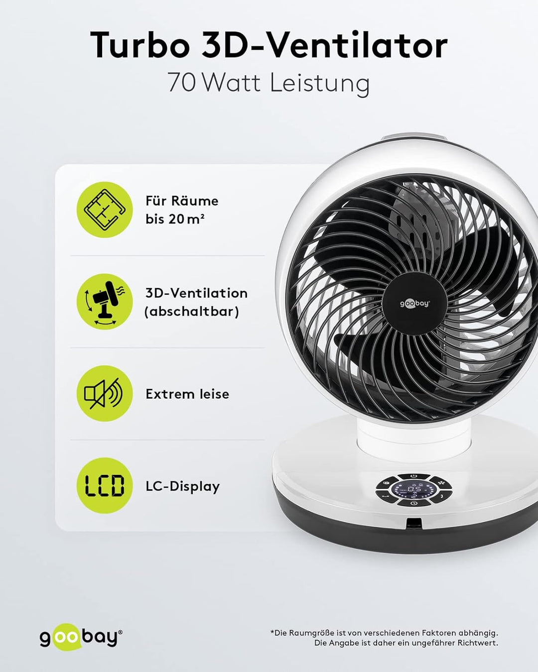 goobay 59515 Leistungsstarker Ventilator mit Fernbedienung Ø 23 cm (9 Zoll) / Multidirektionale Oszi