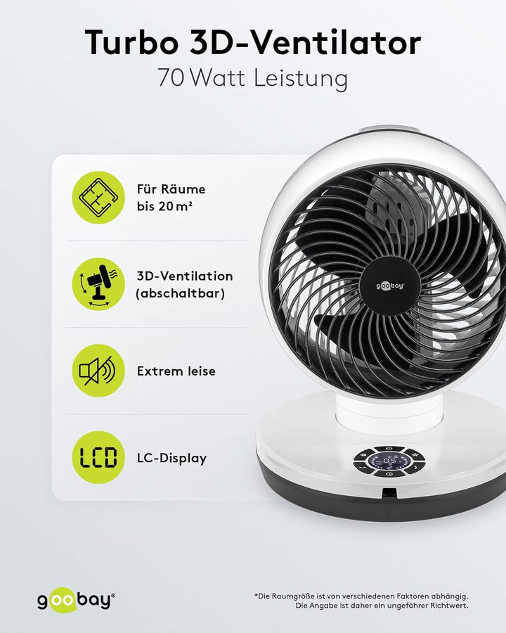 goobay 59515 Leistungsstarker Ventilator mit Fernbedienung Ø 23 cm (9 Zoll) / Multidirektionale Oszi
