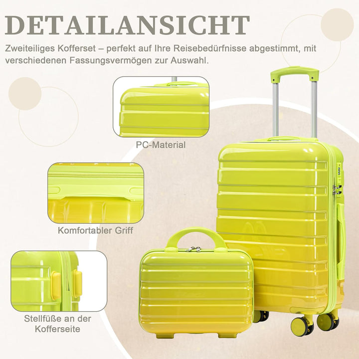 Hartschalen-Koffer Trolley Handgepäck Rollkoffer, Reisekoffer Set mit 4 Rollen, 2er Gepäckset, Gelb