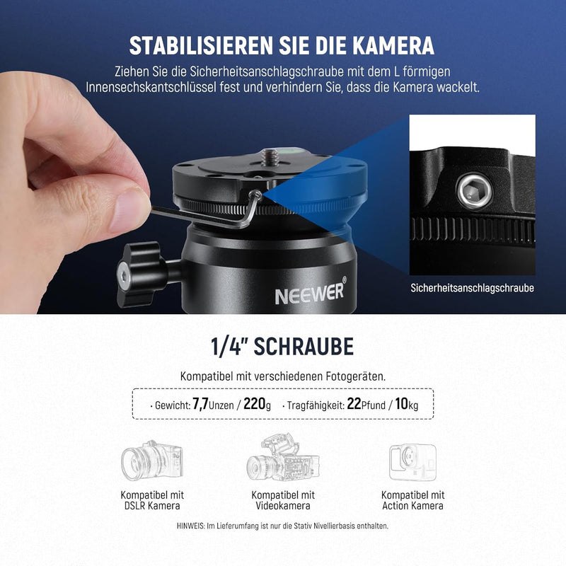 NEEWER Stativ Nivellierungsbasis (⌀50mm) Kamera Nivellierer, Wasserwaage, Aluminium Einstellplatte m