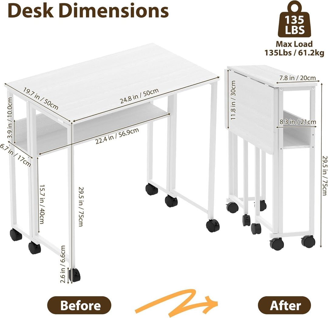 Kleiner Klappschreibtisch Schreibtisch, 63x50x75cm Klapptische mit 6 Rollen, Platzsparender Computer
