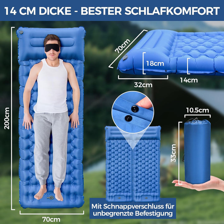NAPASA Isomatte Camping, 14CM Verdicktes Aufblasbare Matratze mit Eingebauter Fusspresse Pumpe & Kis