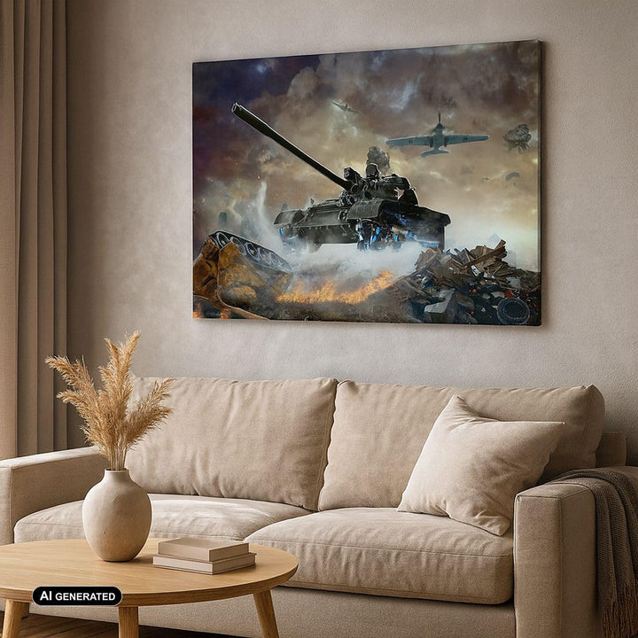 Bilder auf Leinwand 100x70cm Leinwandbild Krieg Panzer Airplain Schlacht Gross Wanddeko Bild Schlafz
