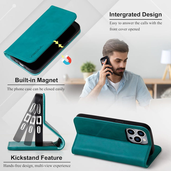 VISOUL Hülle für iPhone 14 Pro Max Handyhülle [ Echtleder] [Kartenfach] [Magnet] [Standfunktion], TP