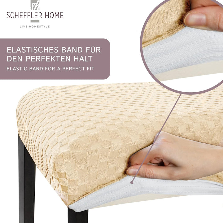 Scheffler-Home Stuhlhussen Emil Creme 4er Set Schachbrett Muster Karo 3D-Textur Stretch elastische S
