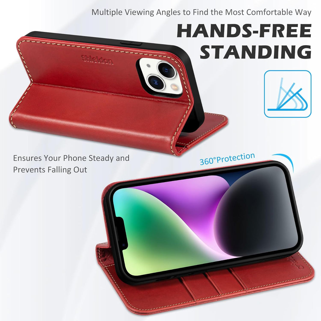 SHIELDON Hülle für iPhone 14 Lederhülle [Echtleder] [Lifetime Garantie] [RFID-Sperre] [Kartenfach] [