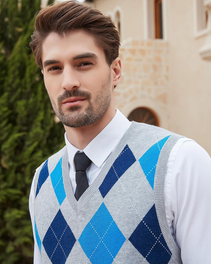 Kallspin Herren Argyle Gestrickt Ärmellos Pullover Wollmischung V-Ausschnitt Strickwesten L Hellgrau
