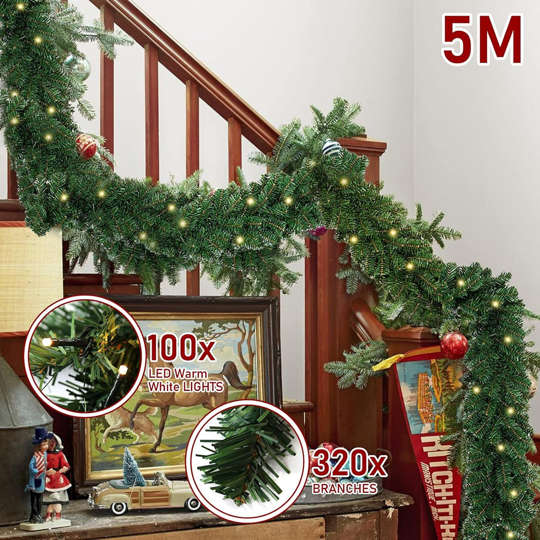 Yakimz 5m Weihnachtsgirlande, Künstliche Tannengirlande Grün mit 100 LEDs Warmweiss 8 Modus Lichterk