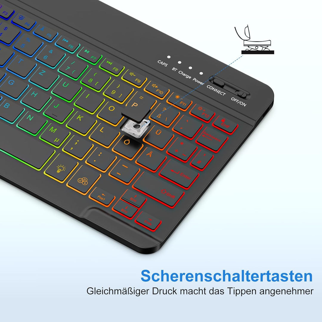 MMK Bluetooth-Tastatur, Deutsches QWERTZ-Layout mit 7-Farbiger Hintergrundbeleuchtung, Mini Wireless