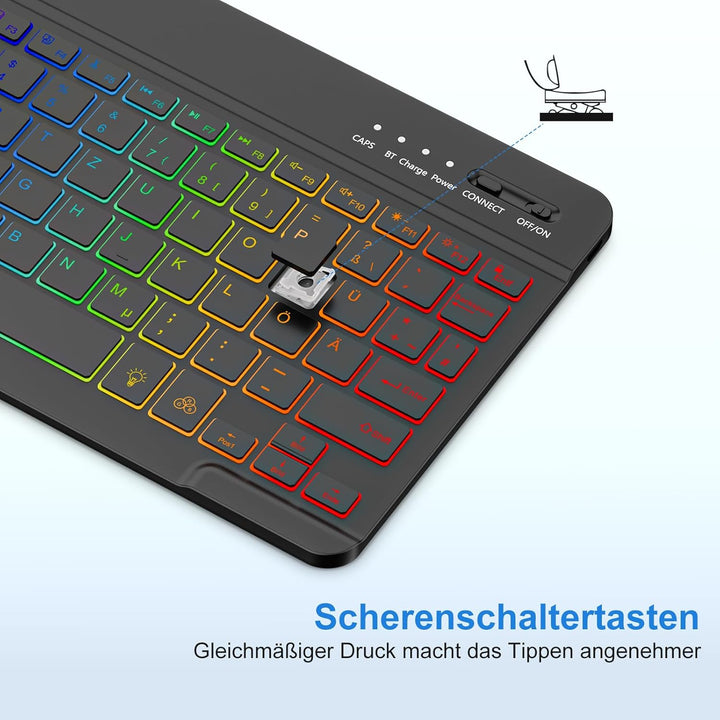 MMK Bluetooth-Tastatur, Deutsches QWERTZ-Layout mit 7-Farbiger Hintergrundbeleuchtung, Mini Wireless