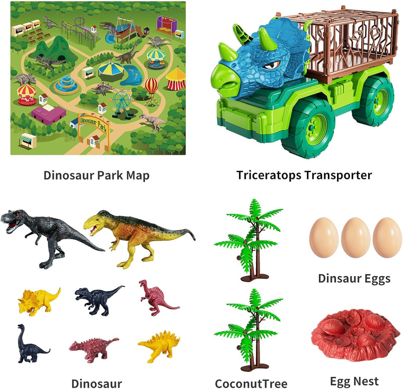 TEMI Dinosaurier-LKW-Spielzeug für Kinder von 3–5 Jahren, Triceratops-Transportauto-Transporter, mit