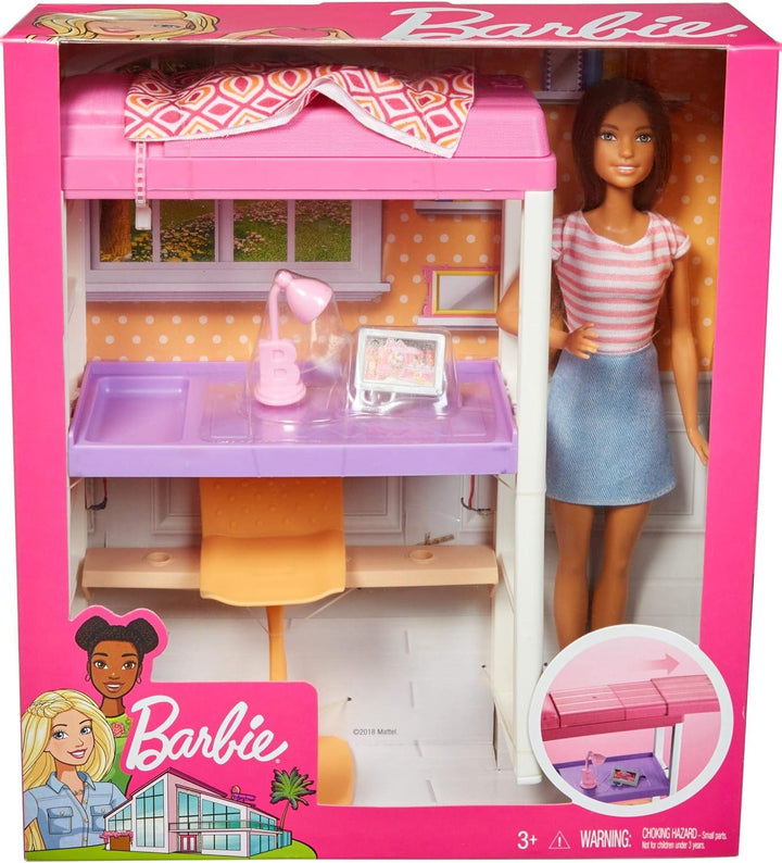 Barbie FXG52 - Deluxe-Set Möbel Hochbett mit Schreibtisch und Puppe, Mehrfarbig, Hochbett mit Schrei