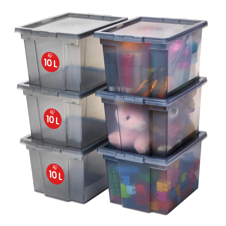 Iris Ohyama Vielseitige Aufbewahrungsboxen, 10L, 6er-Set, Grau, Leicht schliessba Deckel, Stapelbar,