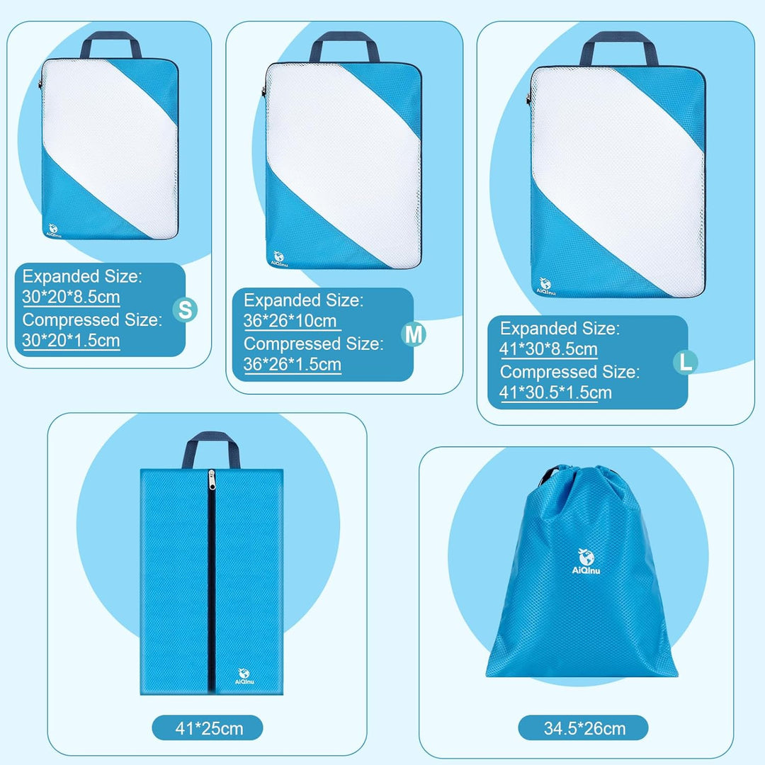 AiQInu Packing Cubes Compression, 5 Stück Packtaschen Kompression Koffer Organizer Set mit Wäschebeu
