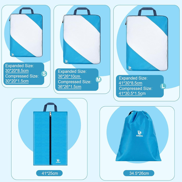 AiQInu Packing Cubes Compression, 5 Stück Packtaschen Kompression Koffer Organizer Set mit Wäschebeu