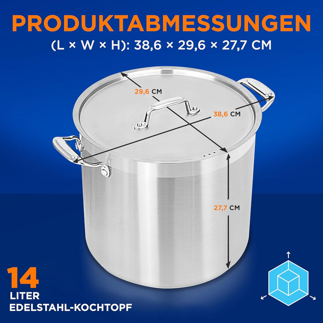 NutriChef Edelstahl Kochtopf 15,1L Induktion – Suppentopf mit Deckel, Profiqualität für Gastronomie