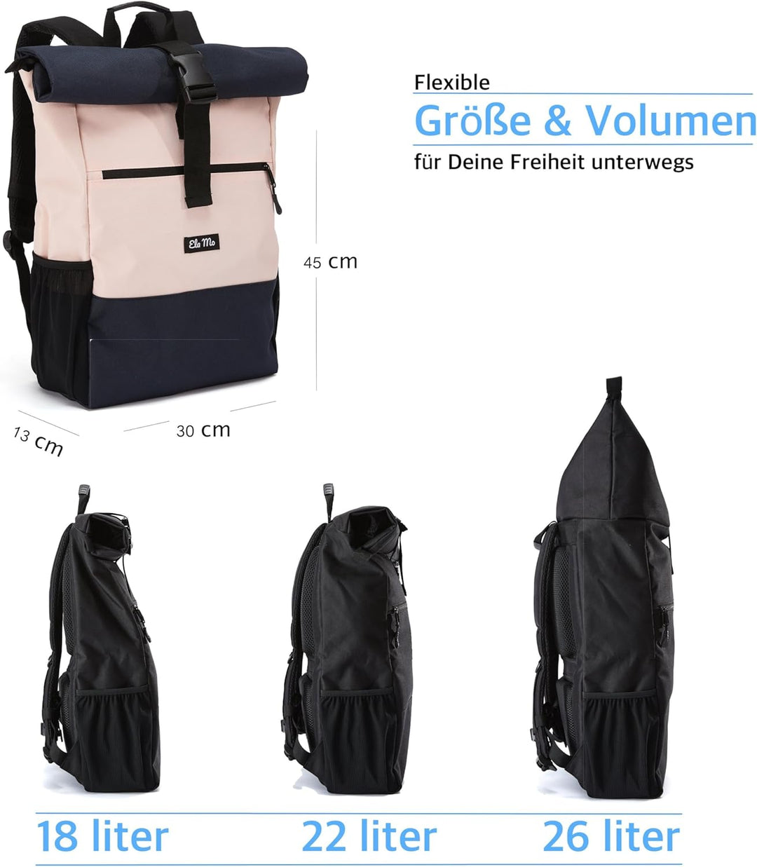 Ela Mo® Rolltop Rucksack Damen - Rollrucksack Anti Diebstahl für Sport & Reisen - Laptoprucksack für