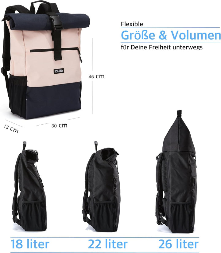 Ela Mo® Rolltop Rucksack Damen - Rollrucksack Anti Diebstahl für Sport & Reisen - Laptoprucksack für