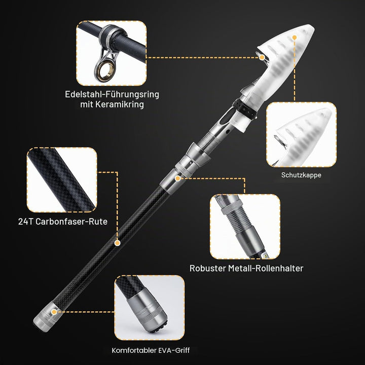 Teleskopangel Angelrolle 2,1m, Kohlefaser Angelrute, Angelset Teleskop-Rute mit Rolle, Ködern, Angel