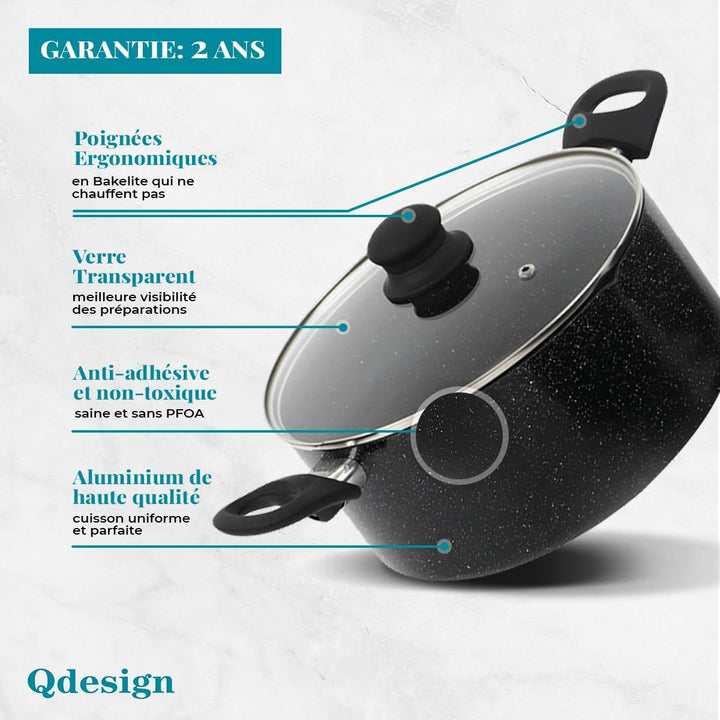 QDESIGN BLACKMARBLE+ Kochgeschirr 6 tlg. - 2 Pfannen + 2 Töpfe kratzfest Aluminiumguss, Antihaftbesc