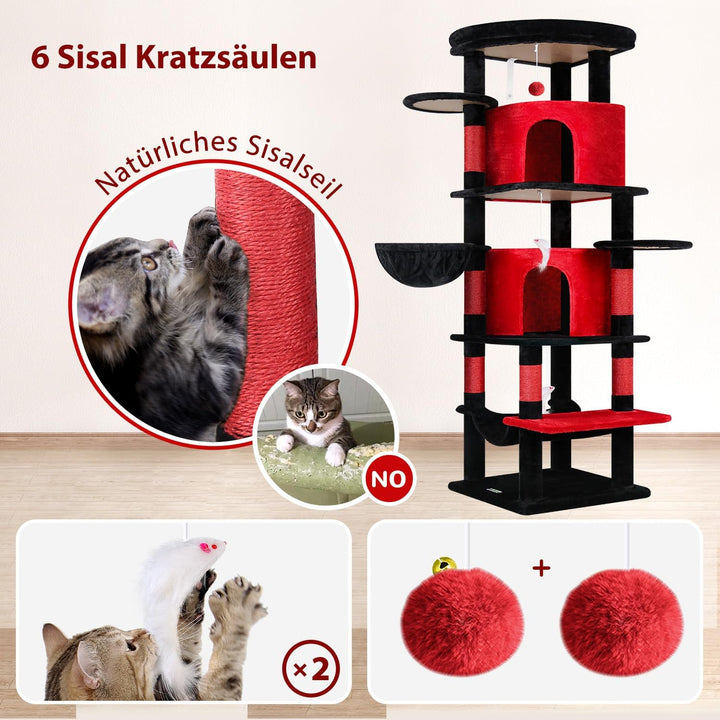 Globlazer Kratzbaum Gotisch Schwarz Rot, Eckkratzbaum Stabil hoch 167 cm mit 2 Sektor Katzenhaus, Ge