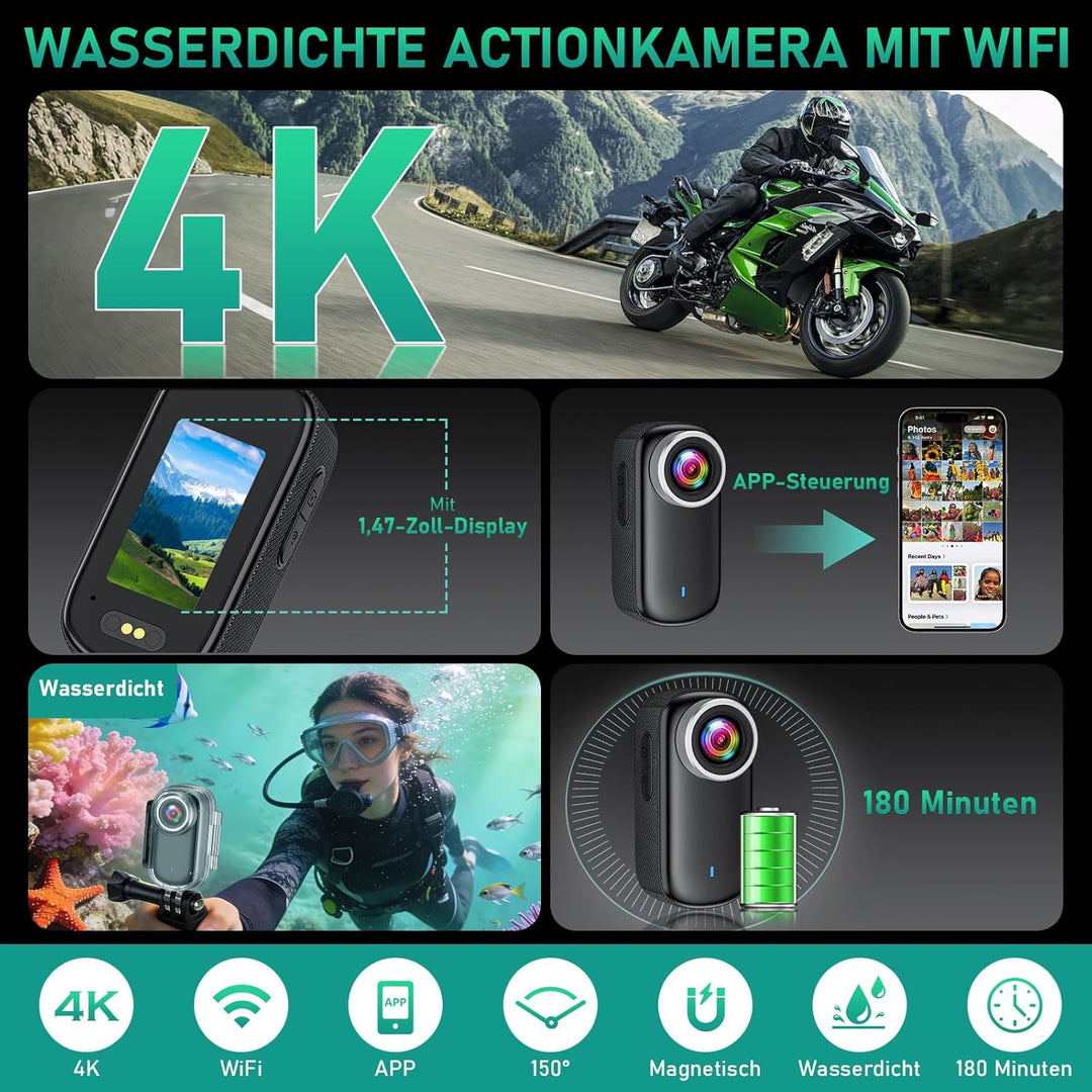 Action Kamera WiFi 4K, Wasserdicht Mini Action Helmkamera, 150° WiFi Sport Actionkamera mit 1,47-Zol