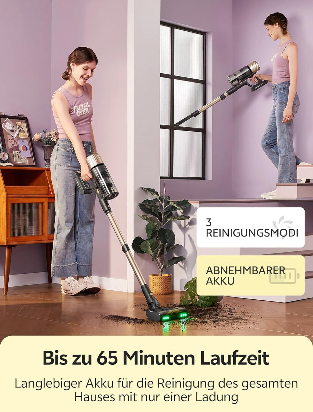 Ultenic Akku Staubsauger, 50000Pa/ 65Min, Staubsauger Kabellos mit GreenEye Technologie, Teleskoproh