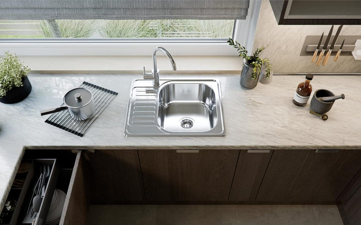 VBChome Einbauspüle mit Armatur 58x48 Satinstruktur Links Edelstahl Küchenspüle Spüle Ablagefläche A