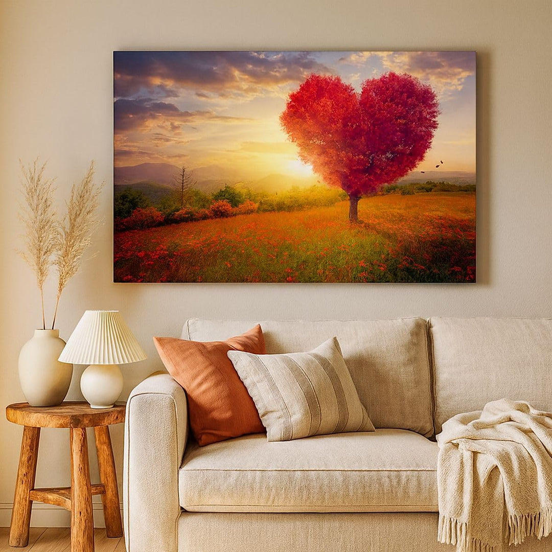 Bilder auf Leinwand 100x70cm Leinwandbild mit Rahmen Baum Wiese Blume Gross Wanddeko Bild Schlafzimm