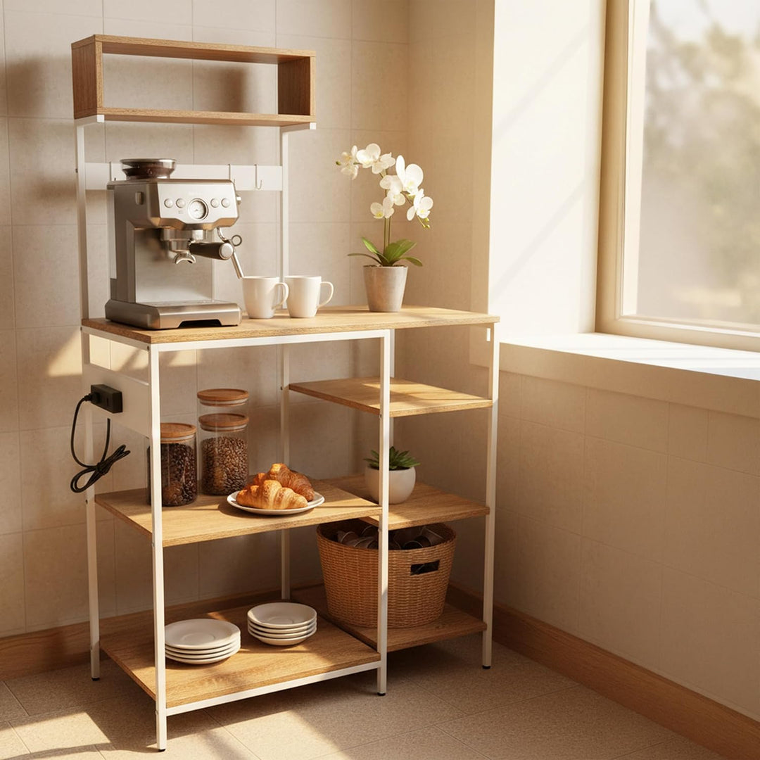 Relaxdays Küchenregal mit Steckdose & USB, HBT: 151x82x40 cm, Mikrowellen-Regal, Holzoptik, offen, M