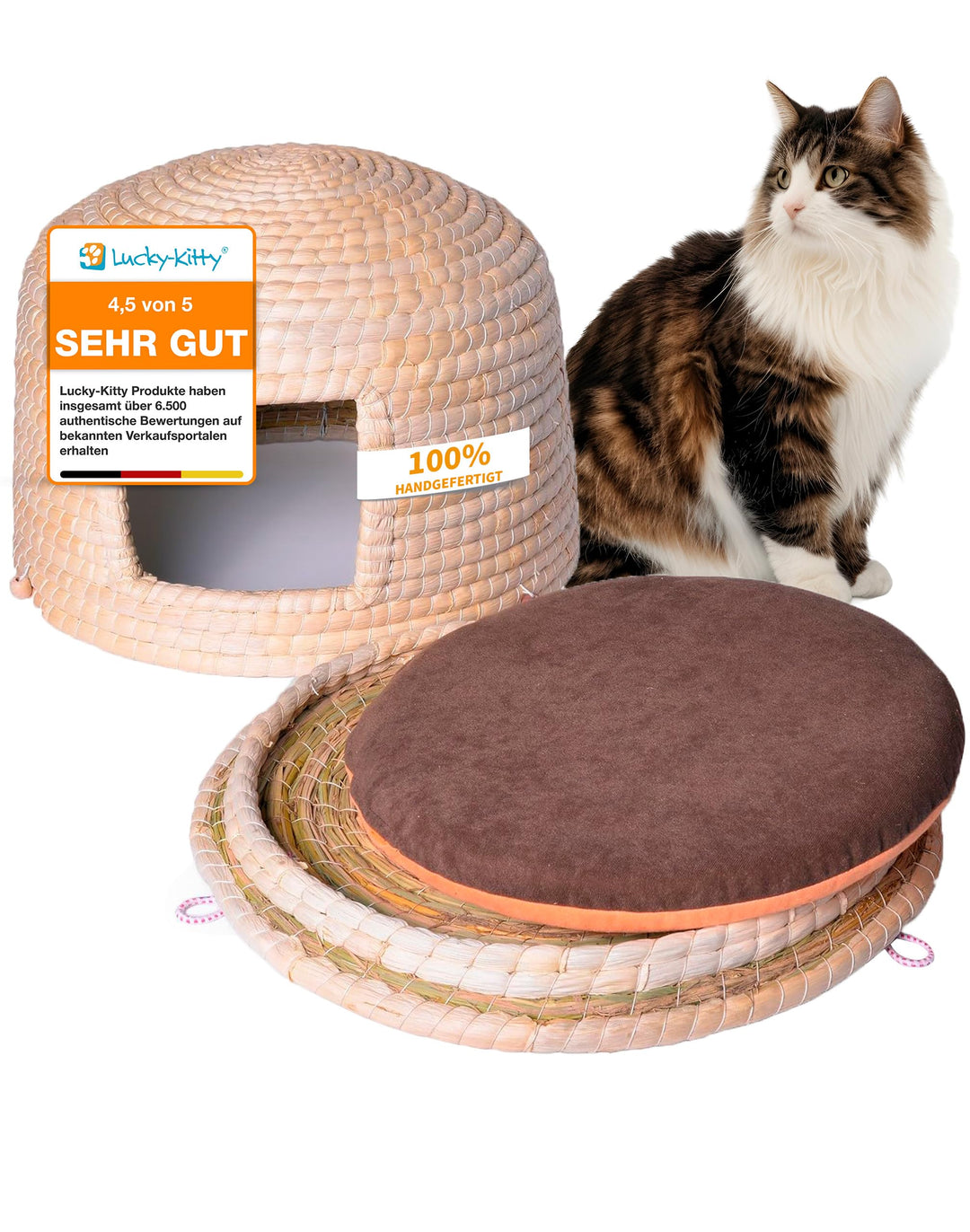 Lucky-Kitty Katzenkorb I Katzenhöhle mit Kissen I Katzen Schlafplatz I Katzen Körbchen oder Hundehöh