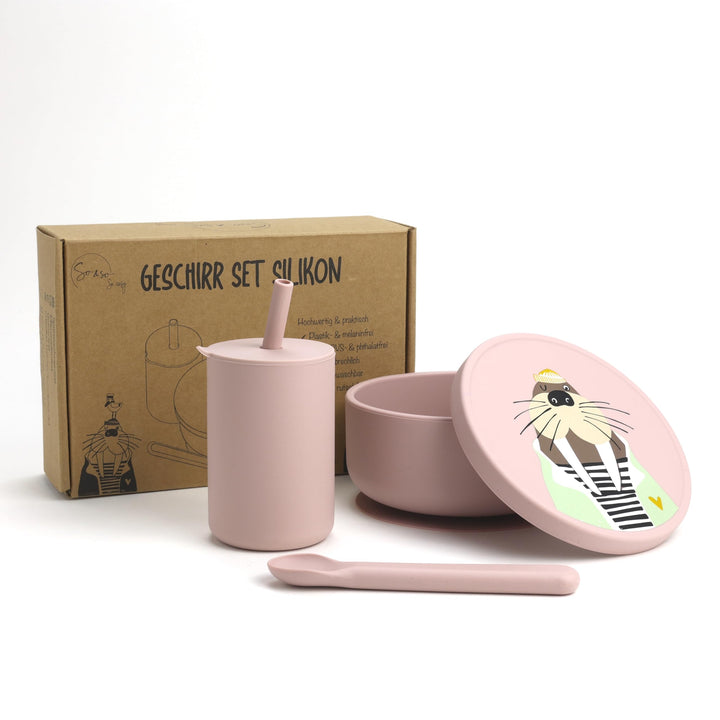So&So Silikon Geschirr Set für Babys, hochwertiges BLW Baby Geschirrset mit Saugnapf, Deckel, Becher