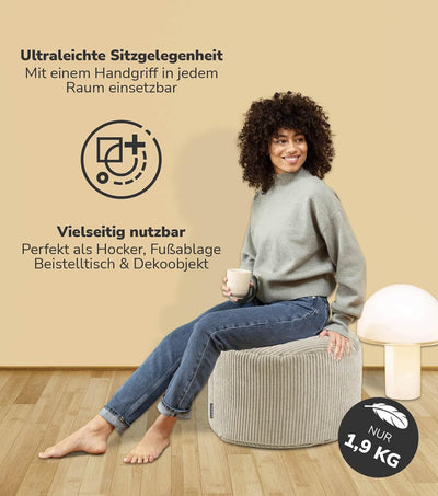 mokebo® Pouf, Hocker o. Sitzhocker aus Cord 40x60 cm 'Der Faule Lenz', Bodenkissen rund in Beige, Fu
