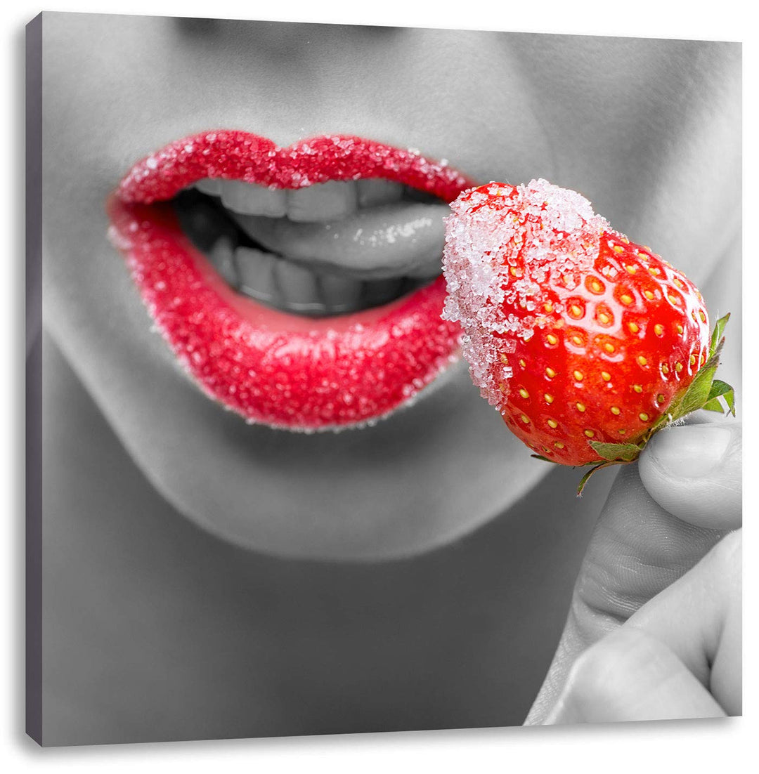 Pixxprint Erdbeere mit Zucker schwarz/weiss, Format: 70x70 auf Leinwand, 70x70
