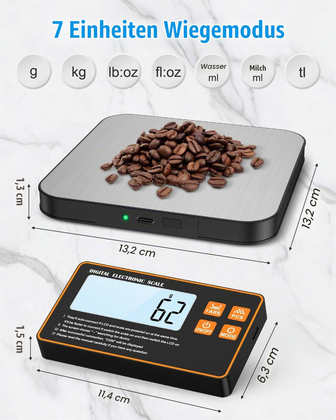 [Neu] Brifit Digitale Küchenwaage 15kg/1g mit Abnehmbarem Display – Wiederaufladbare Küchenwaage mit