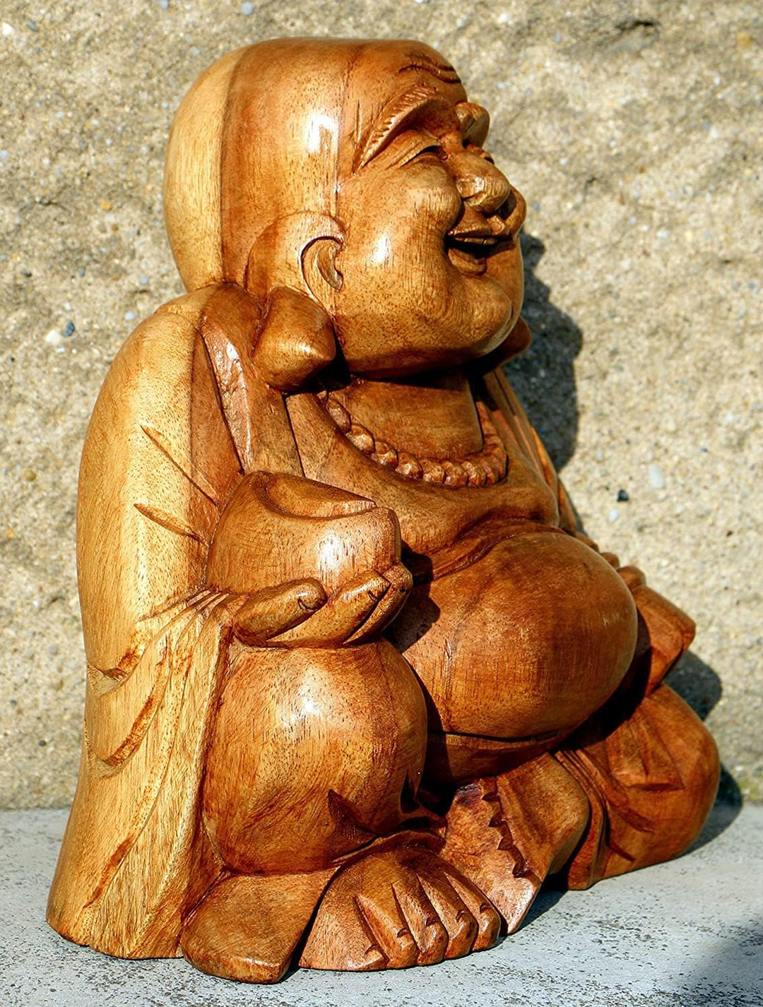 Wogeka - 20 cm lachender Buddha Happy - Holz Budda FENG Shui Bali Buda BH20