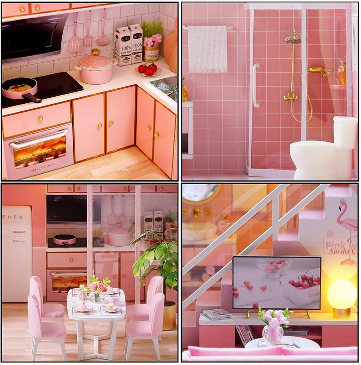 CUTEROOM DIY Miniatur Puppenhaus Kits mit Möbeln, Hölzernes Puppenhaus-Kit mit Musik-Bewegung und LE