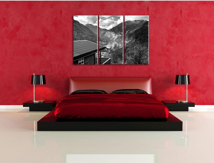 Pixxprint Hütte in Umgebung als Leinwandbild | Grösse: 3 Teilig (120x80) | Wandbild| Kunstdruck | fe