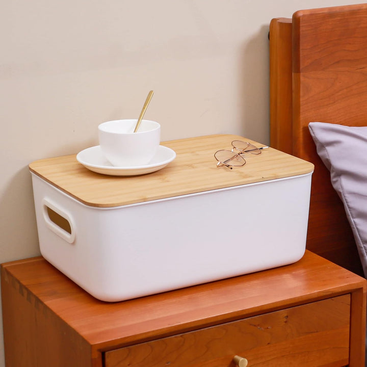 Kerhouze 2 PCS Aufbewahrungsbox mit Bambus Deckel Weiss Aufbewahrungsbox Kunststoff Plastik Box für